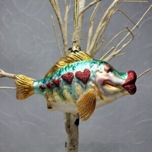 December Diamonds Kiss My Bass Ornament Handpainted Glass Fish 6” w/ Box